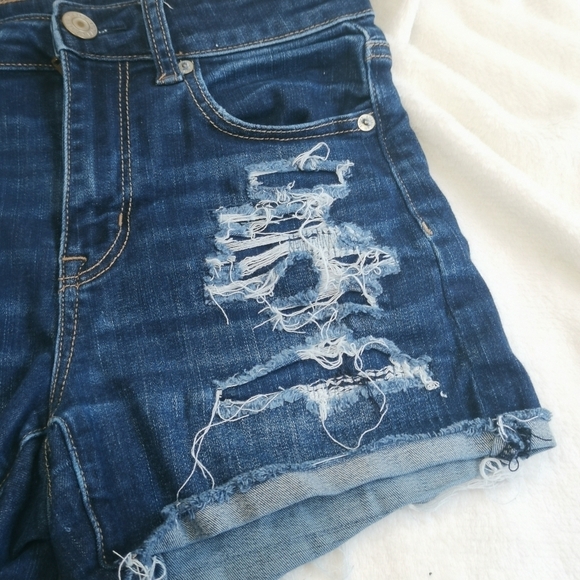 American Eagle Dark Denim Hi-Rise Short Next Level Stretch Distressed Shorts - Picture 4 of 8